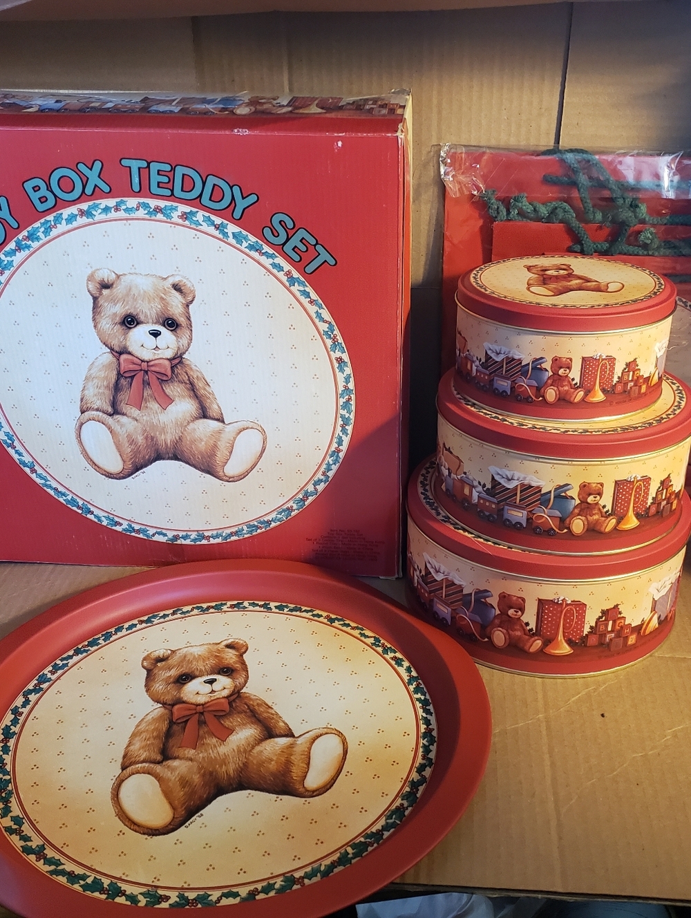 House of Lloyd Toy Box Teddy Set Vintage 1989 New Gift Bags Tin Plush Bear Tray